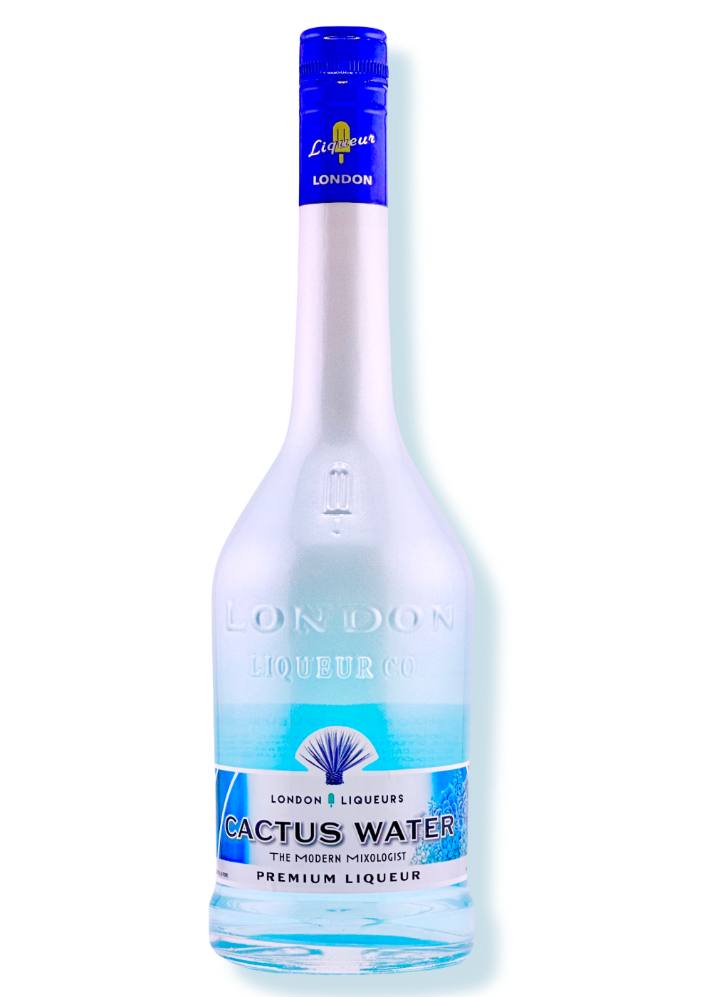 A bottle of Cactus Water liqueur by London Liqueur Co., with a label featuring blue and silver colors and desert-inspired imagery.