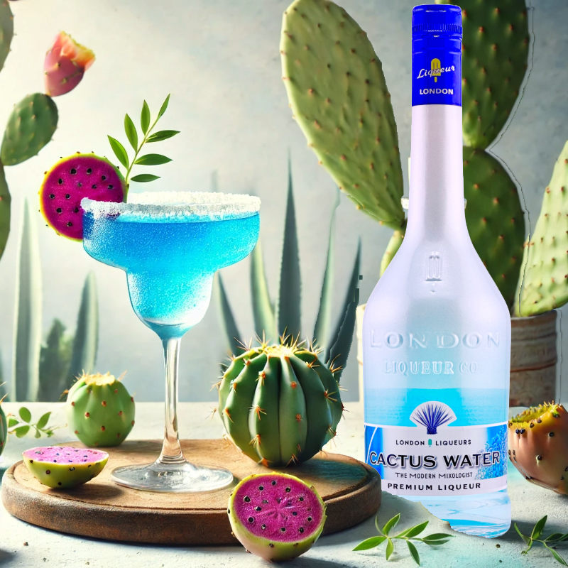 London Liqueurs' Cactus Water, prickly pear flavored liqueur, with a refreshing twist on a classic margarita.