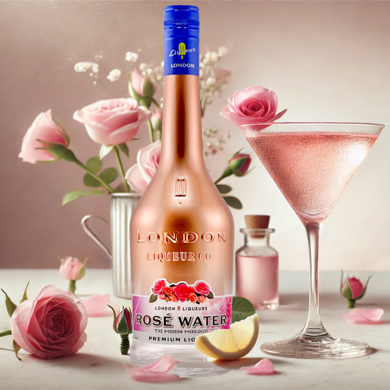 Rose petal and floral flavors of London Liqueurs' Rose Water Liqueur with a classic rose water cosmopolitan cocktail.