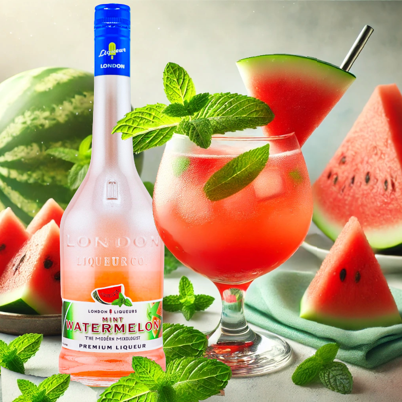 refreshing combination of sweet watermelon and cool mint in London Liqueurs' Watermelon Mint Liqueur cocktail