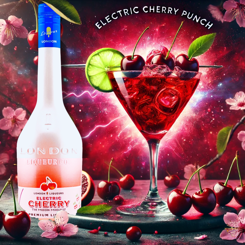 Electric Cherry Punch Cocktail, showcasing the bold flavor of London Liqueurs' Electric Cherry Liqueur.