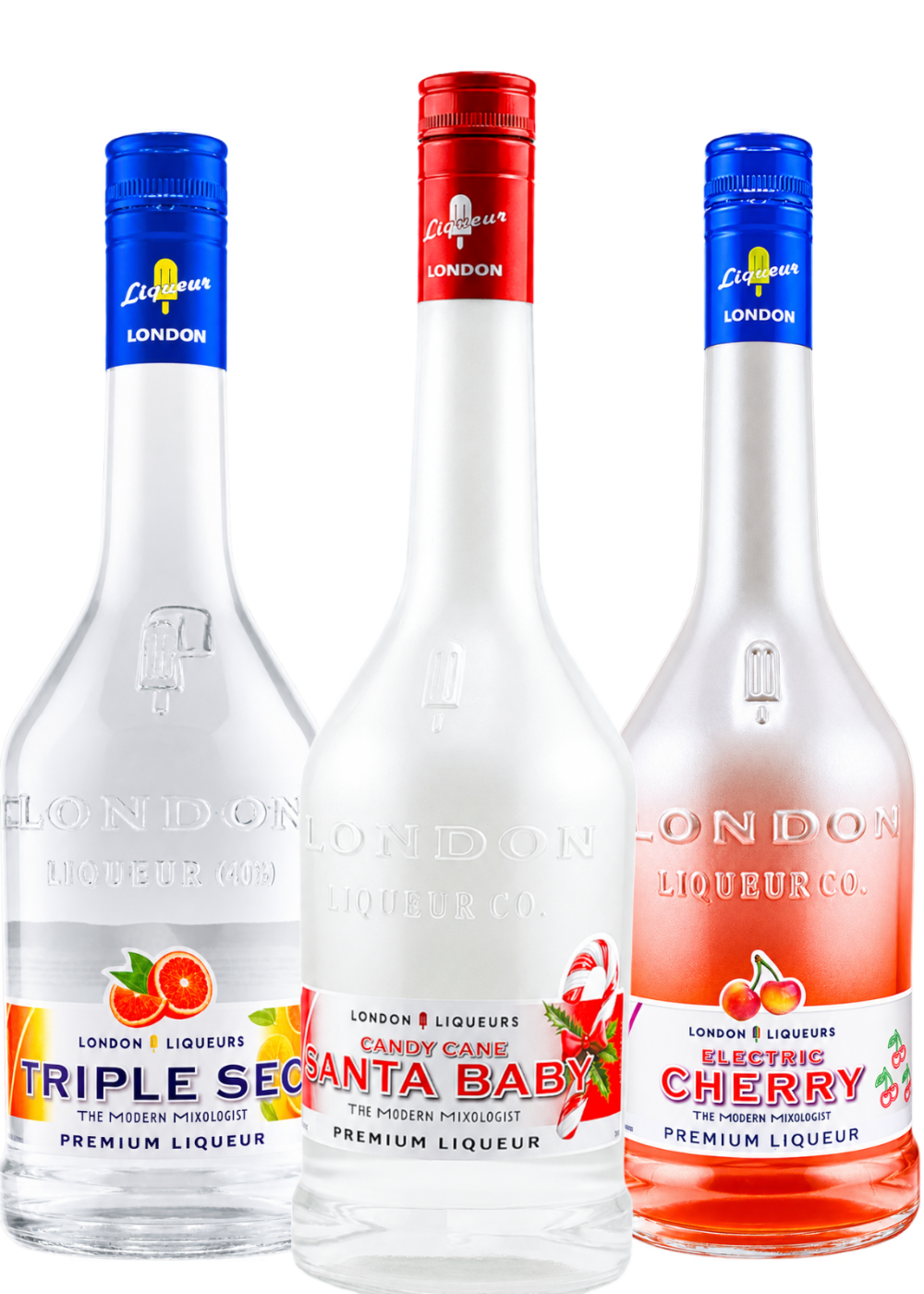 Three-bottle London Liqueurs Holiday Cocktail Trio with Santa Baby Candy Cane, Electric Cherry, and Triple Sec