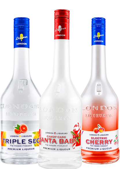 Three-bottle London Liqueurs Holiday Cocktail Trio with Santa Baby Candy Cane, Electric Cherry, and Triple Sec