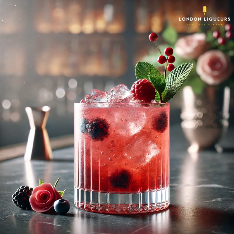 London Rose Water Liqueur Berry Rose Smash cocktail. 