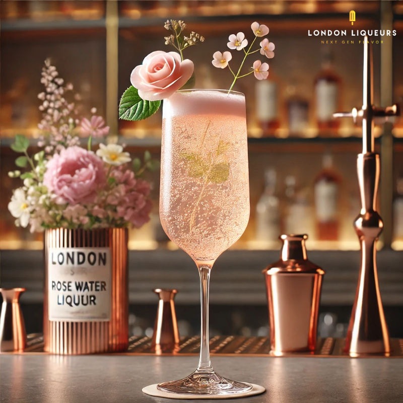 Floral Fizz cocktail made with London Rose Water Liqueur. The cocktail is served in a stylish flute glass with a light pink hue