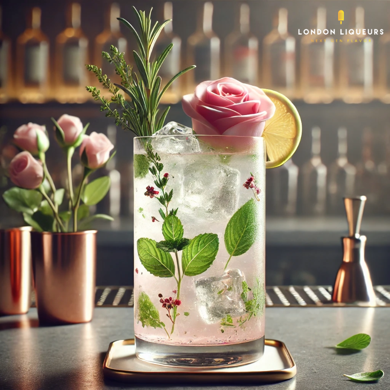 London Rose Water Liqueur Garden Rose Collins cocktail. 