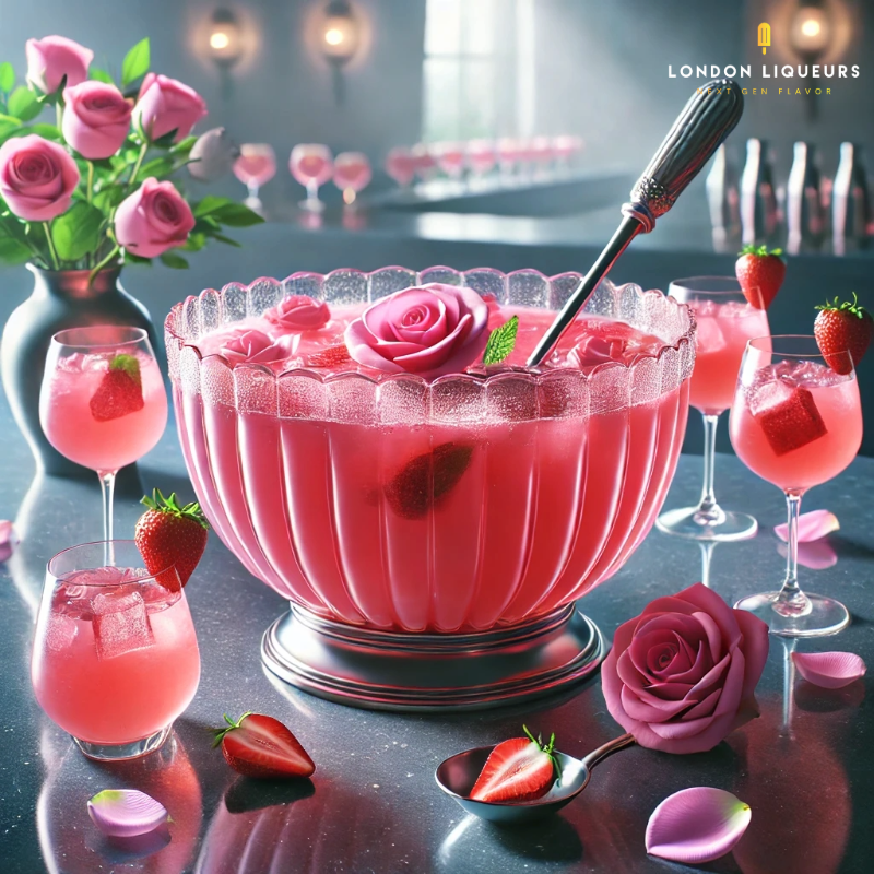 London Rose Water Liqueur Pink Petal Punch cocktail. The cocktail is served in a stylish, large punch bowl with a ladle, and it has a vibrant pink color