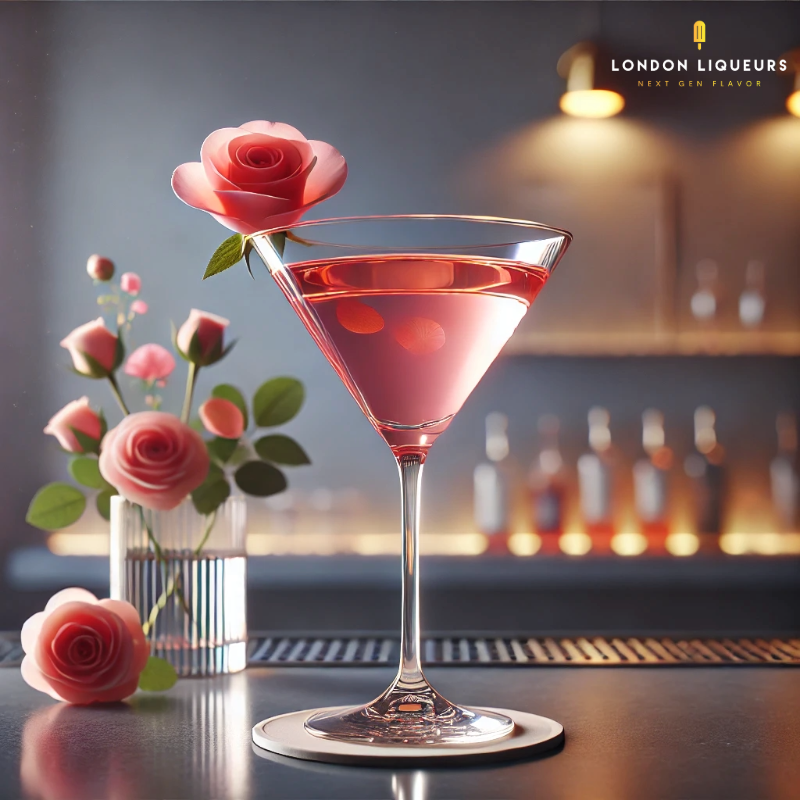 Rose Cosmopolitan cocktail. The cocktail is served in a classic martini glass with a beautiful color from London Rose Water Liqueur. 