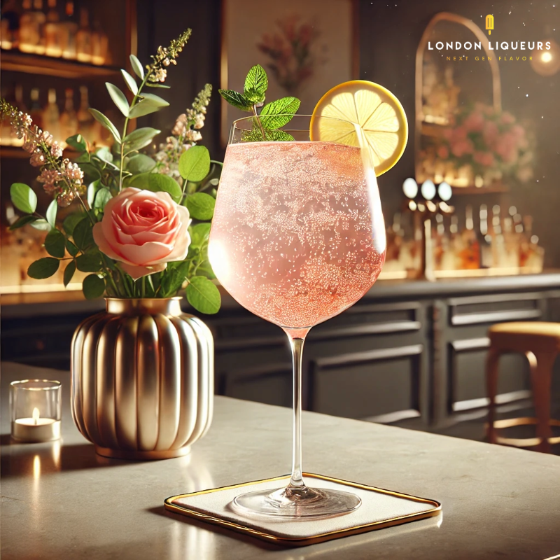 Rose Lemonade Spritz cocktail made with London Rose Water Liqueur. The cocktail is served in a elegant wine glass with a light pink, bubbly flair.