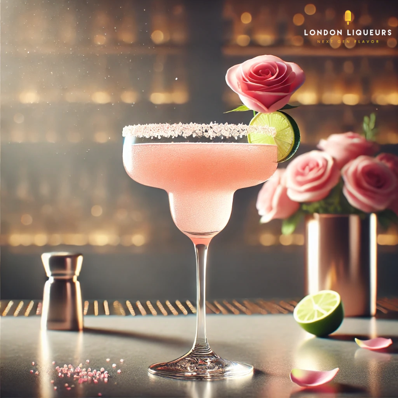 London Liqueurs Rose Margarita cocktail. The cocktail is served in a classic margarita glass with a light pink hue.