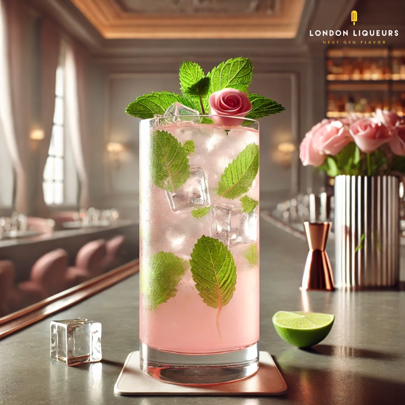 London Rose Water Mojito cocktail. The cocktail is served in a tall, clear highball glass with beautiful light pink color