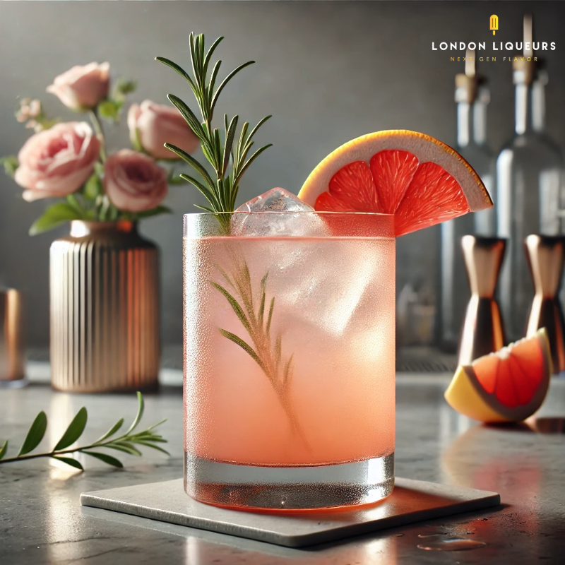 London Liqueurs Rose Water Paloma cocktail. The cocktail is served in a tall, elegant highball glass with a light pink hue.