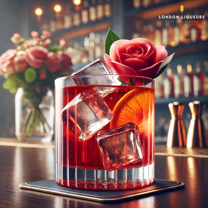 Rosy Negroni cocktail made with London Rose Water Liqueur