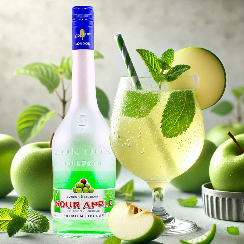 Sour Apple Spritzer cocktail, highlighting the tart and refreshing flavor of London Liqueurs Sour Apple Liqueur